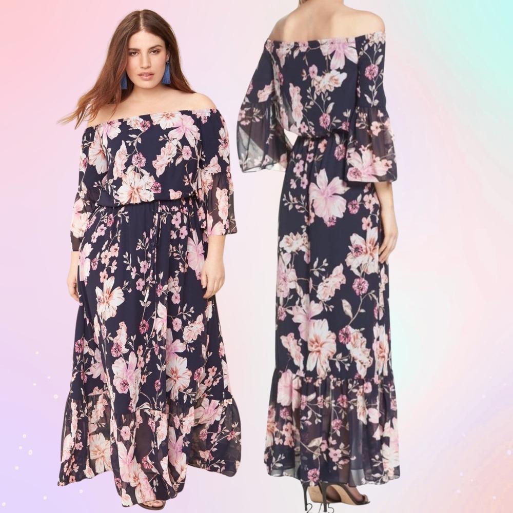 Eliza J Floral Off-the-Shoulder Maxi Dress, Size 10 Navy chiffon | Romantic boho